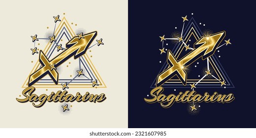 Golden icon of zodiac sign Sagittarius with constellation with stars, text, triangle as alchemical symbol for fire element. Horoscope esoteric design elements. Vintage style.