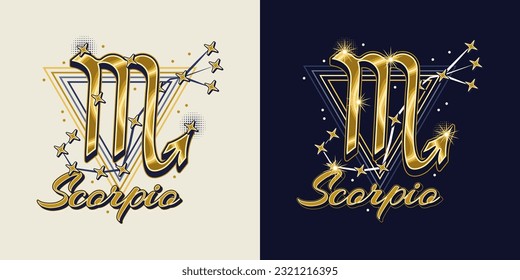 Golden icon of zodiac sign Scorpio with constellation with stars, text, triangle as alchemical symbol for water element. Horoscope esoteric elements. Vintage style.