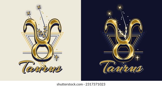 Golden icon of zodiac sign Taurus with constellation with stars, text, triangle as alchemical symbol for earth element. Horoscope esoteric elements. Vintage style.