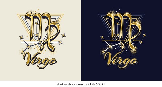 Golden icon of zodiac sign Virgo with constellation with stars, text, triangle as alchemical symbol for earth element. Horoscope esoteric elements. Vintage style.