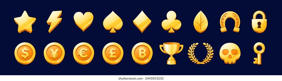 Golden icons game asset. Vector set of gold star, lightning bolt, heart, diamond, club and spade card suits. Lucky horseshoe, padlock and currency coins of dollar, yen, euro, pound and bitcoin or cup