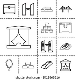 Golden icons. set of 13 editable outline golden icons such as bridge, chest, stage, gold, gold bar