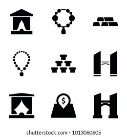 Golden icons. set of 9 editable filled golden icons such as bridge, necklace, stage, gold