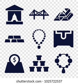 Golden icons. set of 9 editable filled golden icons such as necklace, stage, bridge, lot price, gold bar, gold