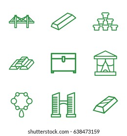 Golden icons set. set of 9 golden outline icons such as bridge, necklace, gold, chest, gold bar