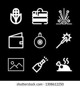 golden icons set with sparkler, bauble and corn vector set
