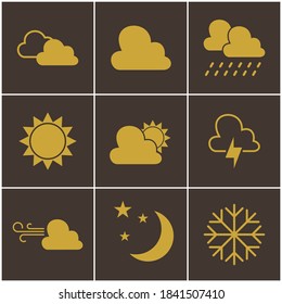golden icons set, weather icons, weather illustration, golden icons on brown background.