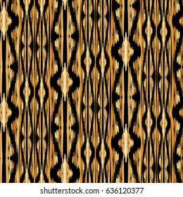 golden Ikat Ogee on black background - Ethnic folk seamless pattern. Boho Style