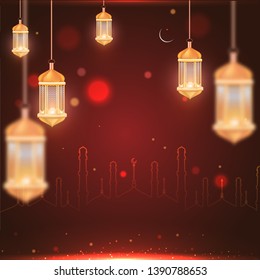 Golden illuminated lanterns and line art mosque on glowing brown background for Islamic Festival celebration.