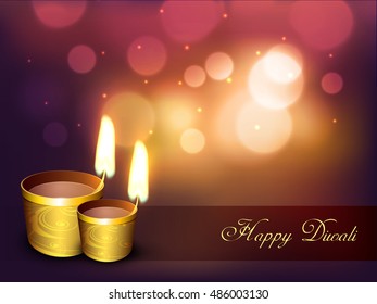 Golden illuminated Oil Lamps on shiny background, Elegant Greeting Card design for Indian Festivals of Lights, Happy Diwali celebration.