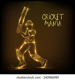 Golden illustration of batsman in playing action for Cricket Mania on brown background.