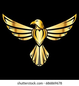 A golden illustration of an eagle which can be used for a logo or as an icon.