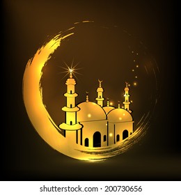 Golden illustration of mosque and crescent moon on shiny brown background for holy month of Muslim community Ramadan Kareem. 