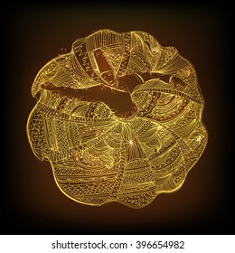 Golden illustration of Whirling Dervish in beautiful floral design decorated dress on brown background, Concept for Islamic Festival celebration.