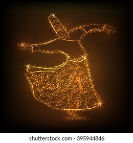 Golden illustration of Whirling Dervish performing religious dance on shiny brown background for Islamic Festival celebration.