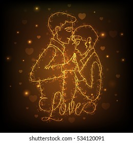 Golden illustration of young dancing couple on hearts decorated background for Love concept.