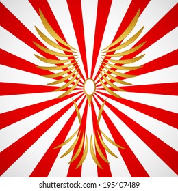Golden image of a bird on a red white background