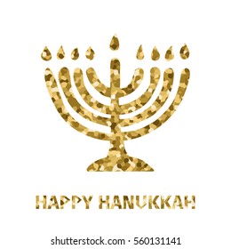 Golden image of hand drawn menorah. Happy hanukkah card