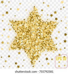 Golden image of the star of David. Gold confetti concept. Vector illustration.