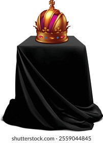 Golden imperial crown on a black pedestal. Highly realistic illustration.