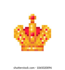 Golden Imperial crown with red gems , pixel art character isolated on white background. Old school 8 bit slot machine pictogram. Retro 80s; 90s video game graphics. King's symbol. Sign of emperor.