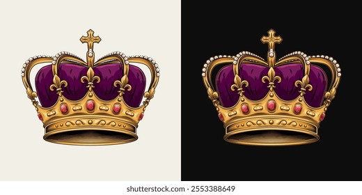 Golden imperial crown with red gemstones ruby, pearls, fleur de lis sign on points, cross on top, purple velvet. Vintage style.