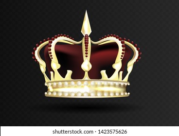 Golden imperial crown with red mitre encrusted with red gems. Vector illustration.