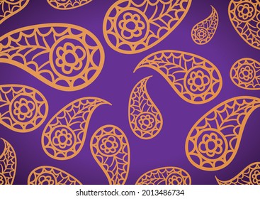 Golden Indian paisley design over purple background, with gradient effect.