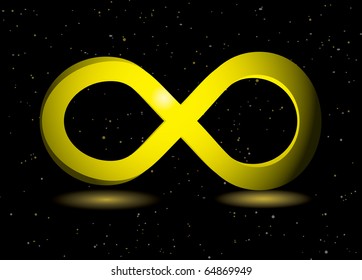 símbolo de infinito dorado sobre fondo negro y polvo brillante
