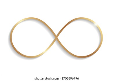 Golden infinity symbol with shadows and highlights isolated on a white background.