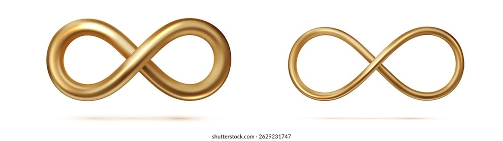 Golden infinity symbols with various thicknesses. Glossy 3D endless loops isolated on white.