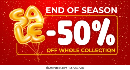 Golden inflatable balloons in letters shapes, make up word sale. Realistic letters on red background with glittering tinsel, percent discount. Design for sales advertisement. Vector illustration.