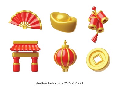 Golden ingot and coin, red fan and firecrackers, lantern and Chinese gate 3D plastic style vector render set. Asian traditional lucky fortune and finance symbols. Realistic Lunar New Year gifts