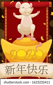 Golden ingot for prosperity, zodiac rat standing over it and greeting scroll and parchment to celebrate a happy Chinese New Year (written in Chinese calligraphy) under confetti shower.