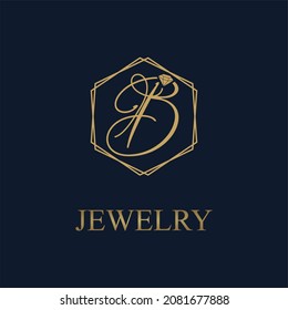 Golden Initial B Letter In Geometric Hexagon With Diamond For Jewelry Business Logo Vector Idea