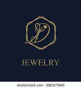 Letra dorada inicial D en hexágono geométrico con diamante para idea vectorial del logotipo de negocios de joyas
