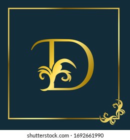 Golden Initial  D Luxury Letter Logo Icon, Ornate Business brand identity or wedding initial logo  vector design concept.
