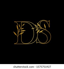 Golden initial D and S, DS, SD letter logo icon, outline vintage design concept classic nature leaves with letter gold color.