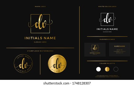 golden Initial DV letter D V handwriting logo design line square. Feminine branding template vector on gold color