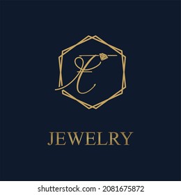 Golden Initial E Letter in Geometrischem Hexagon mit Diamant für das Juwelierlogo, Vektorgrafik-Idee