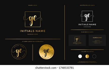 golden Initial GE letter G E handwriting logo design line square. Feminine branding template vector on gold color