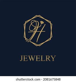 Golden Initial H Letter in Geometrischem Hexagon mit Diamant für das Juwelierlogo, Vektorgrafik-Idee