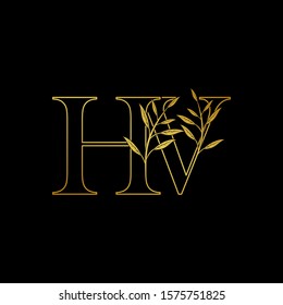 Golden initial H and V, HV, VH letter logo icon, outline vintage design concept classic nature leaves with letter gold color.