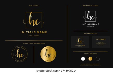golden Initial HC letter H C handwriting logo design line square. Feminine branding template vector on gold color