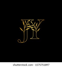 Golden initial J and Y, JY, YJ letter logo icon, outline vintage design concept classic nature leaves with letter gold color.