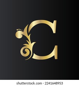 Golden Initial Letter C with simple floral leaves. Luxury Natural Logo Icon. Elegant botanic design Vector illustration