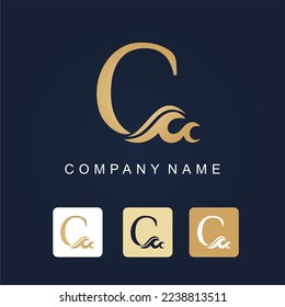 Golden Initial Letter C with Water Wave for Luxury Logo Business Idea Template. Resort Hotel Swimming Pool Travel Logo