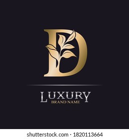 Golden Initial Letter D. Elegant design letter D with floral branch. Luxury Gold Logo Icon. Vintage alphabet concept with floral ornate for monogram, initial, heraldy, logo, business, wedding card.