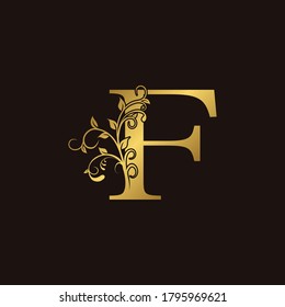 Golden  Initial Letter F Logo Icon,  Botanical Nature Leaf  Vector Logo Template Design.