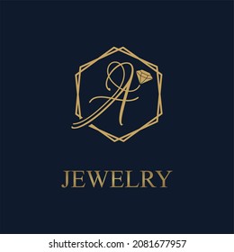 Golden Initial A Letter in Geometrischem Hexagon mit Diamant für das Juwelierlogo, Vektorgrafik-Idee